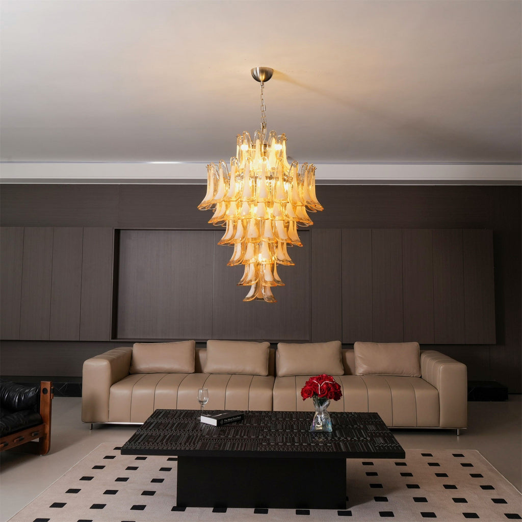 Aurora Chandelier Amber Murano Glass Petal Layered Luxury