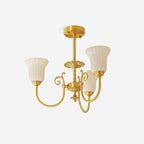 Chandelier with Brass Arms White Glass Shades Opulent Luxe