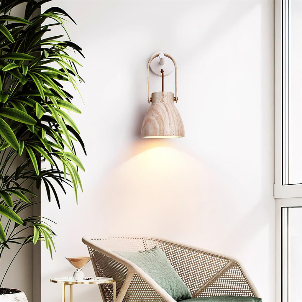 Wall Lamp Metal Body Wood Strap Travertine Shade Minimalist