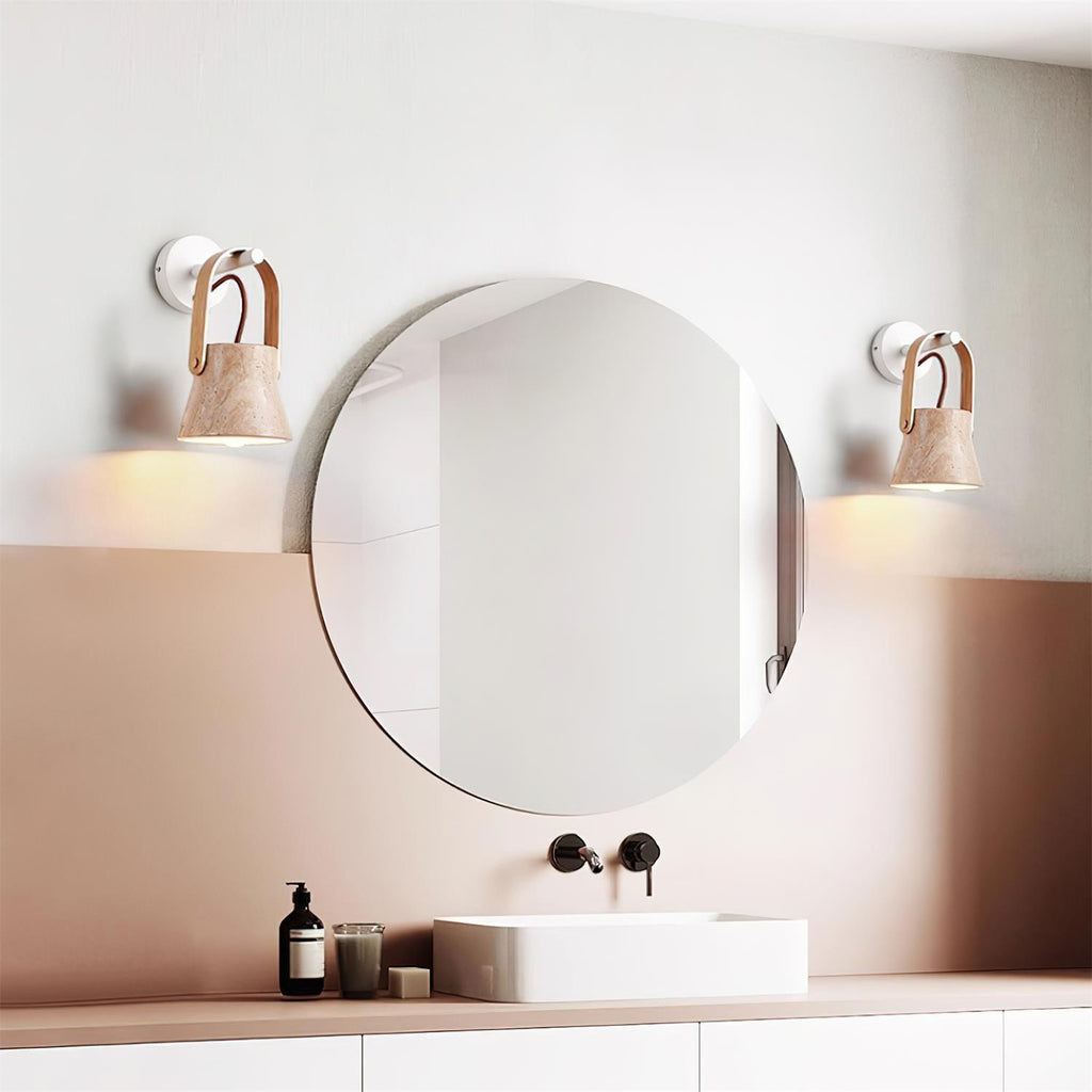 Wall Lamp Metal Body Wood Strap Travertine Shade Minimalist