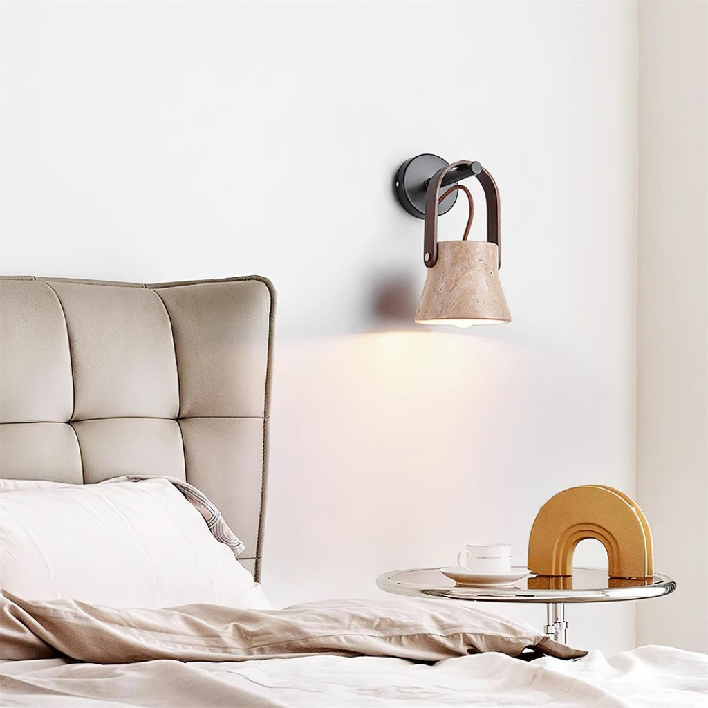 Wall Lamp Metal Body Wood Strap Travertine Shade Minimalist