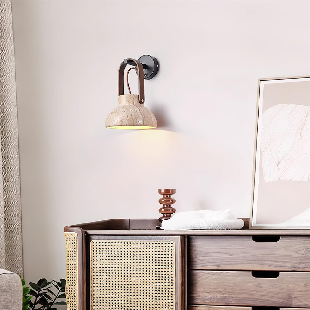 Wall Lamp Metal Body Wood Strap Travertine Shade Minimalist