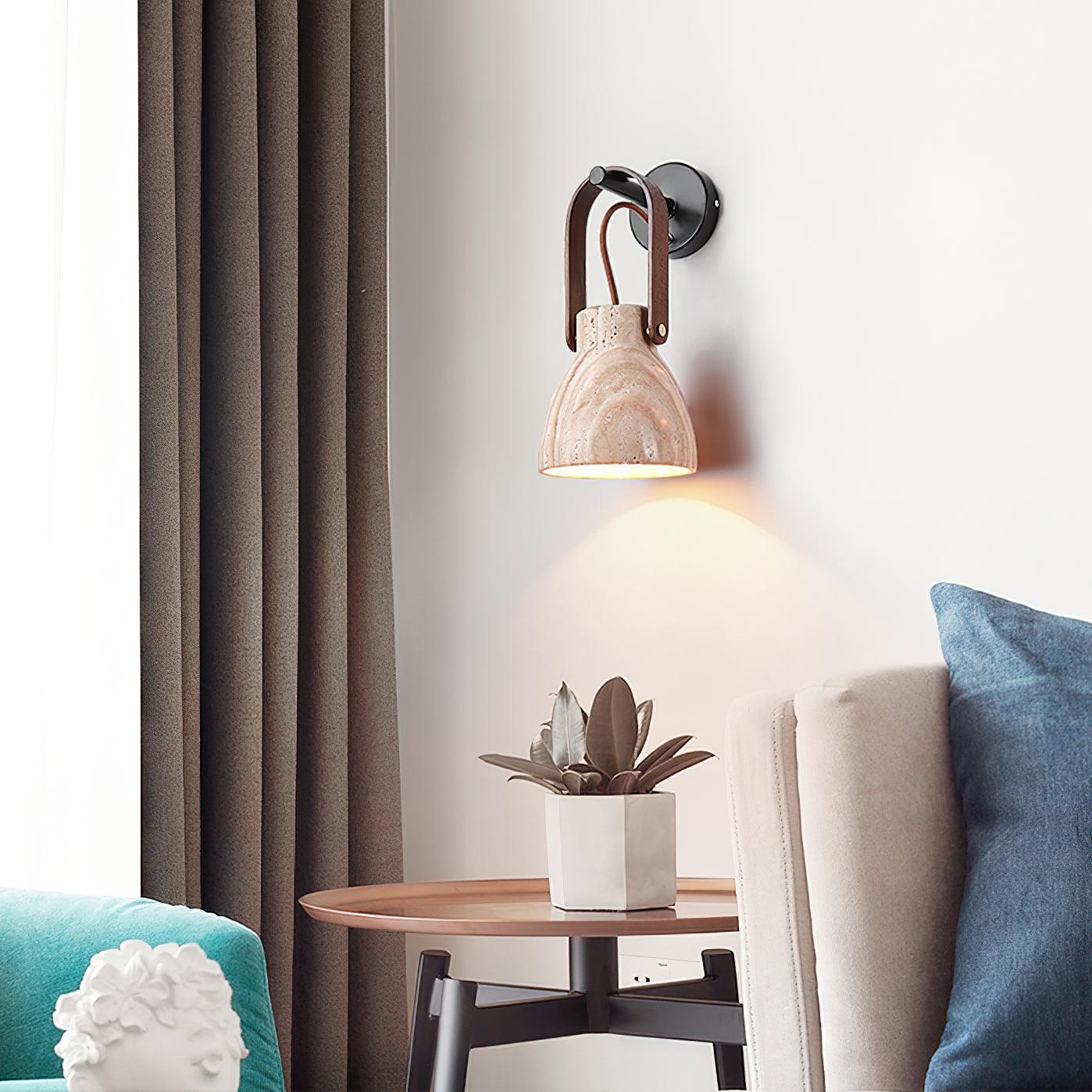 Wall Lamp Metal Body Wood Strap Travertine Shade Minimalist