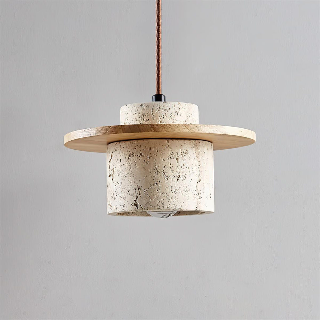 Pendant Lamp Travertine Cylinder Walnut Wood Disc Artisanal