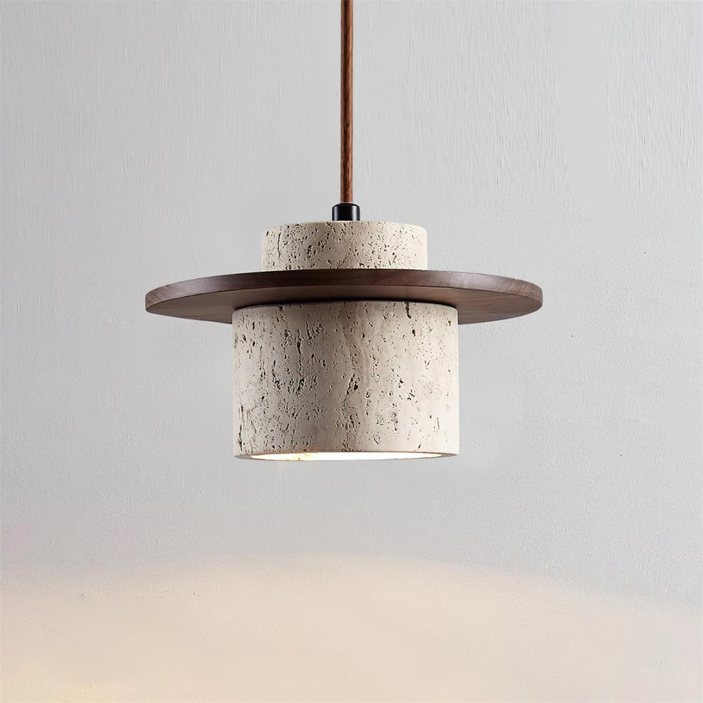 Pendant Lamp Travertine Cylinder Walnut Wood Disc Artisanal