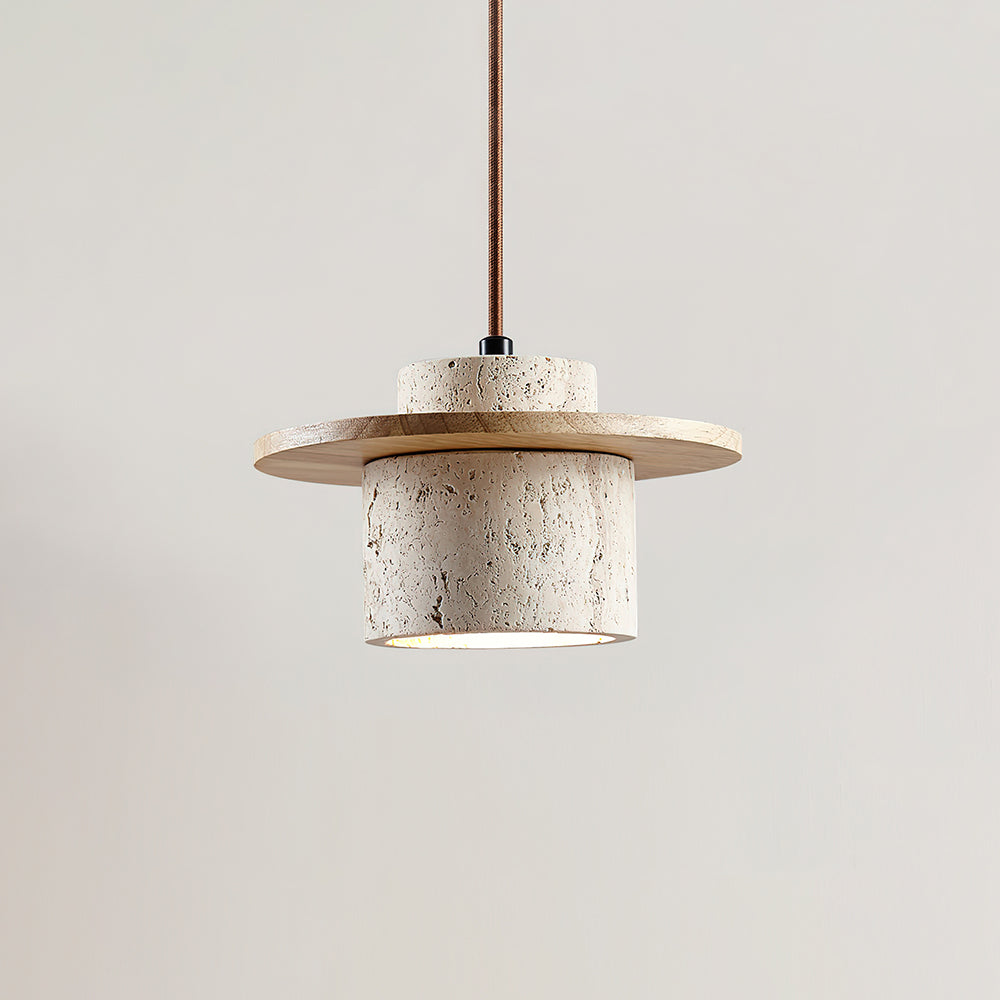 Pendant Lamp Travertine Cylinder Walnut Wood Disc Artisanal