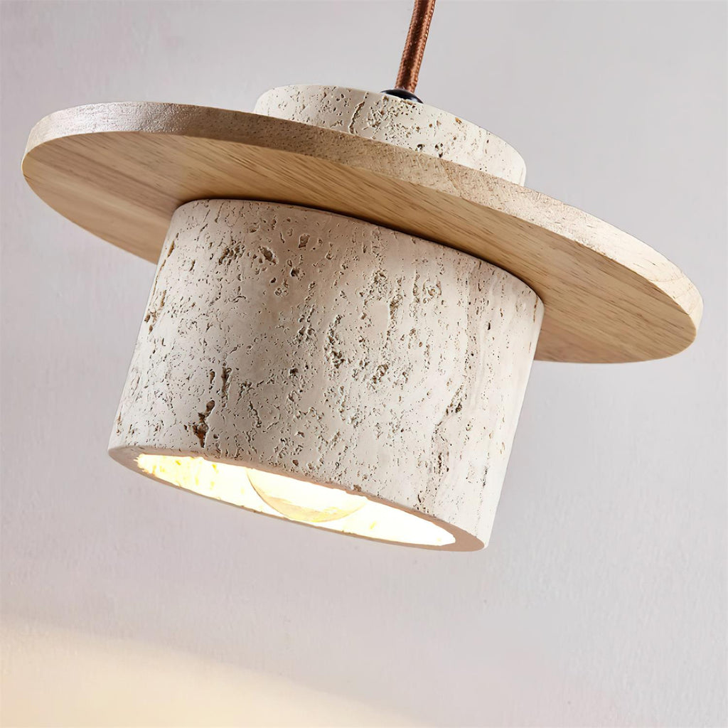Pendant Lamp Travertine Cylinder Walnut Wood Disc Artisanal
