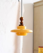 Pendant Lamp Yellow Glass with Walnut Wood Accent Retro