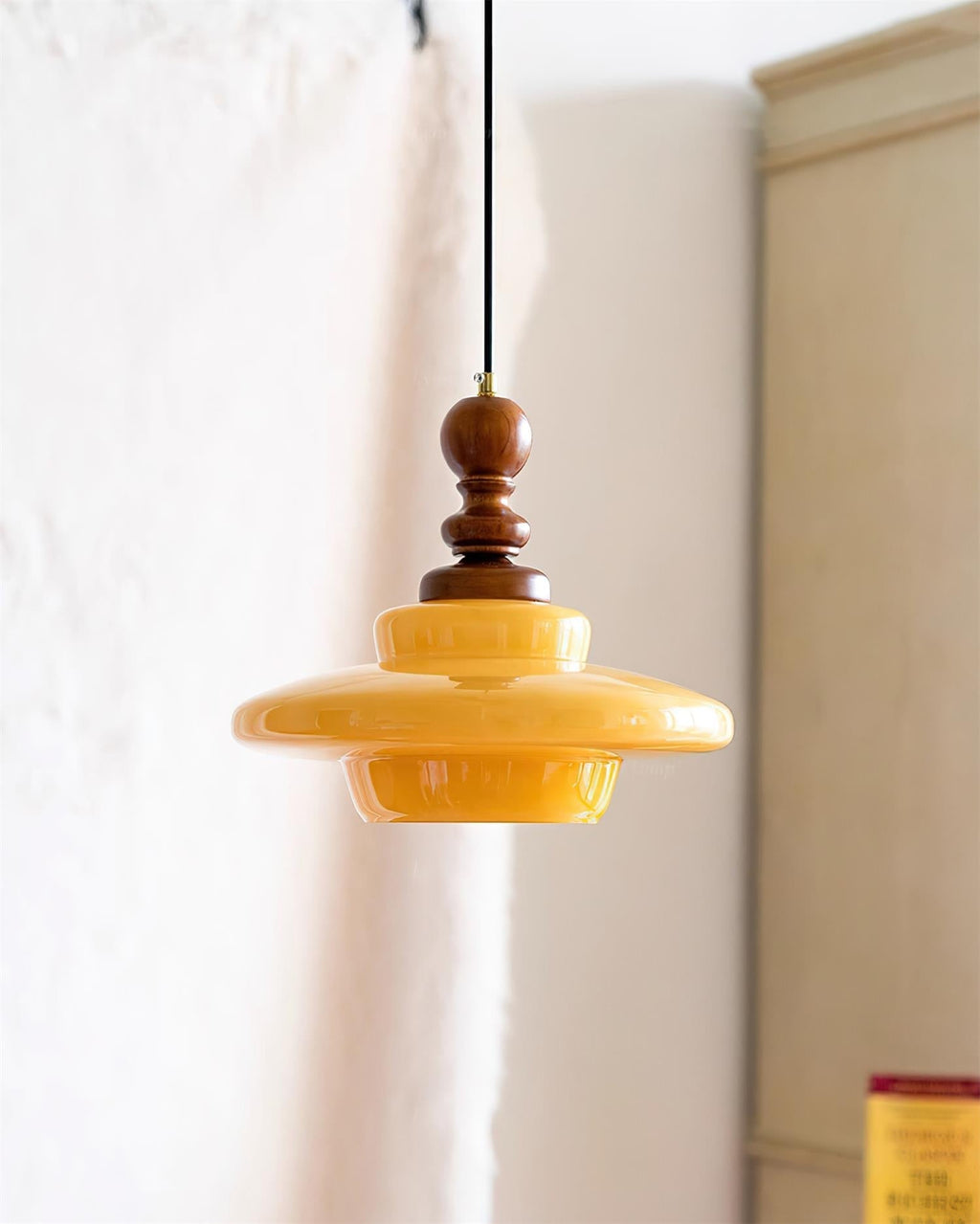 Pendant Lamp Yellow Glass with Walnut Wood Accent Retro