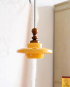 Pendant Lamp Yellow Glass with Walnut Wood Accent Retro