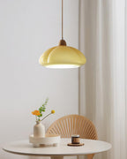 Pendant Lamp Rounded Glass Shade Wood Accent Playful Modern Touch