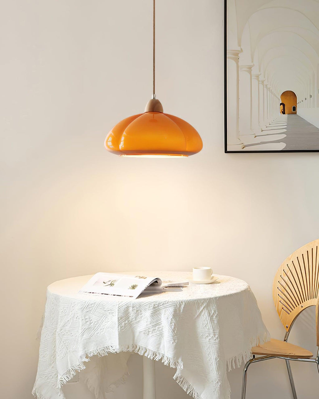 Pendant Lamp Rounded Glass Shade Wood Accent Playful Modern Touch