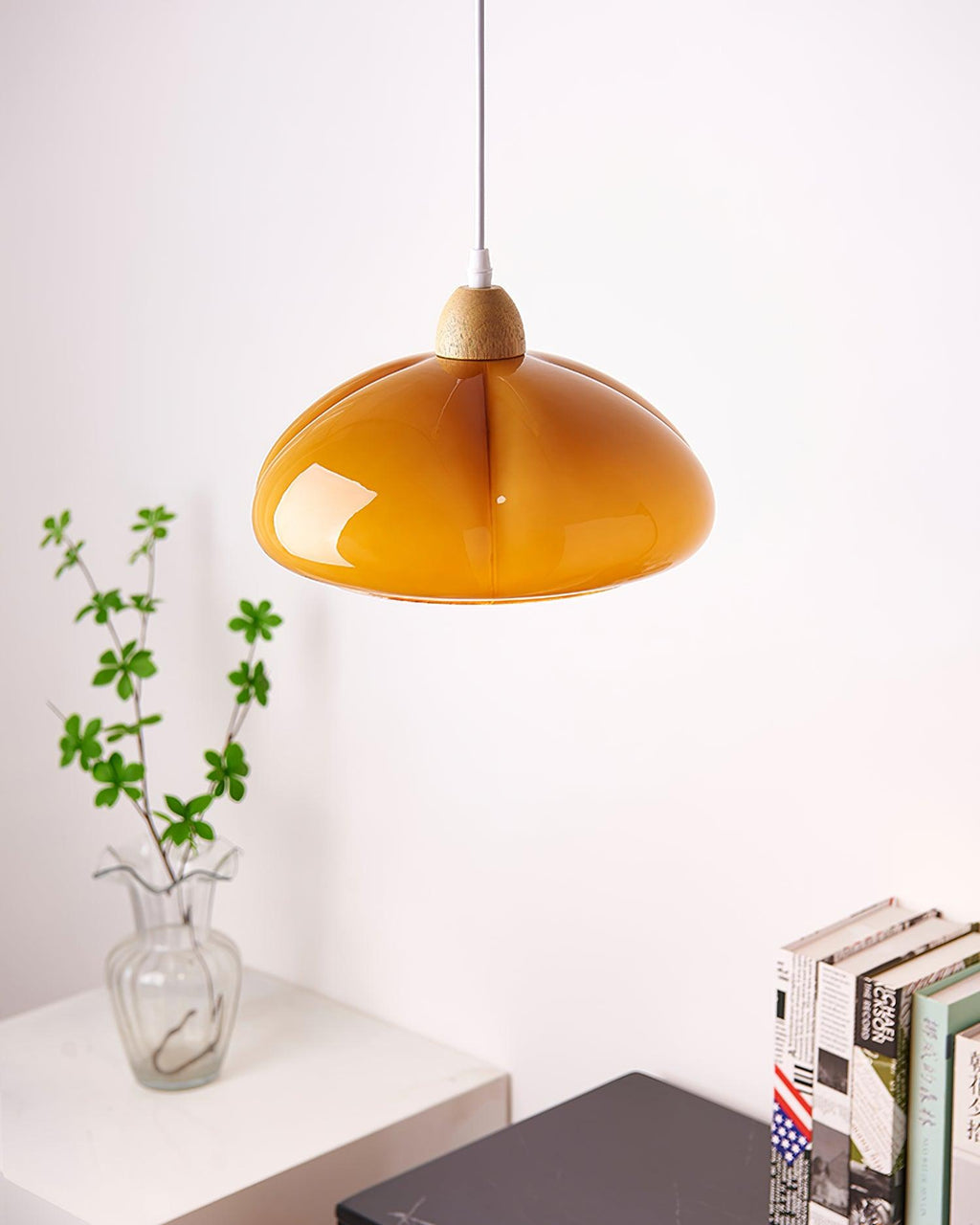 Pendant Lamp Rounded Glass Shade Wood Accent Playful Modern Touch