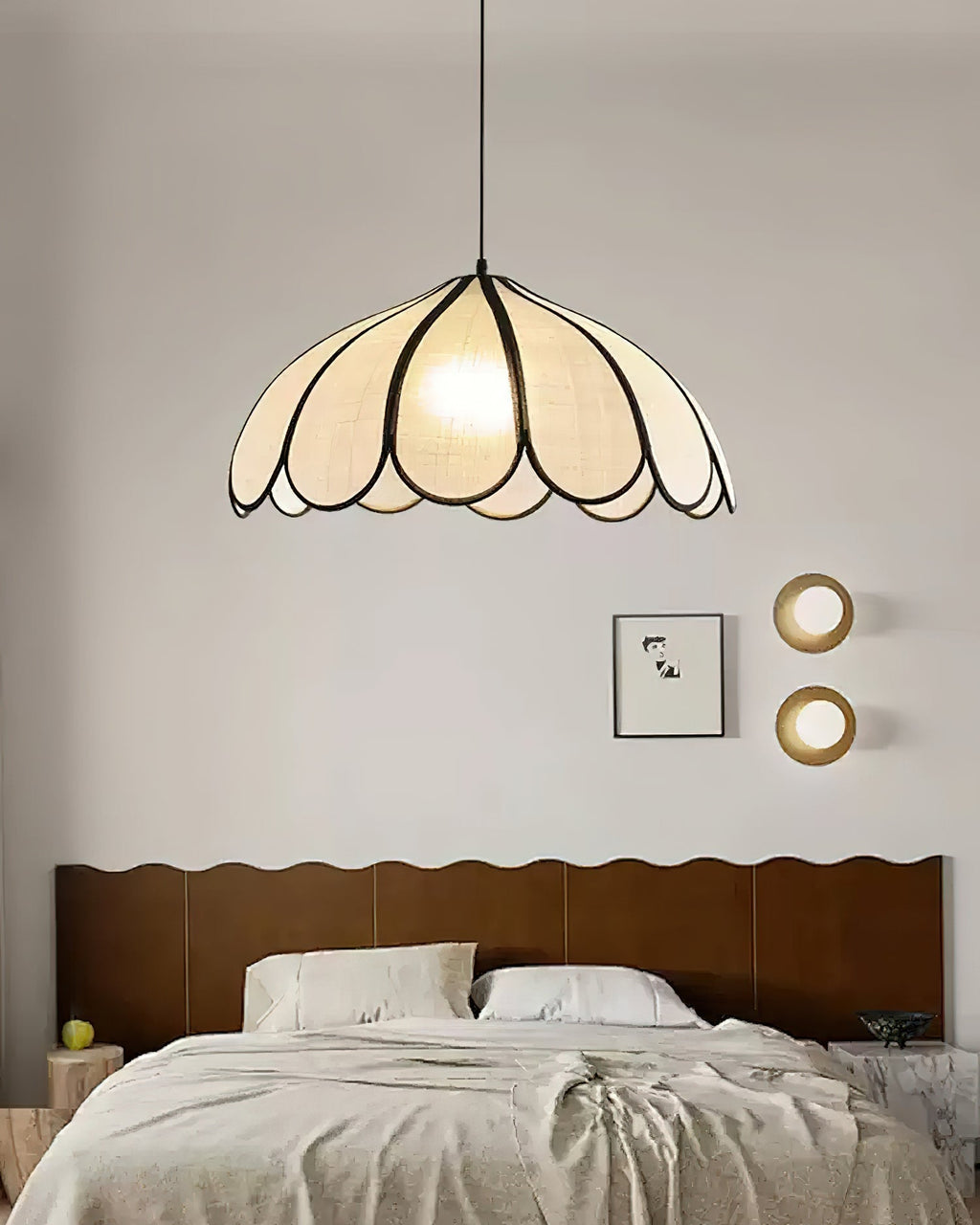 Pendant Lamp Scalloped Plant Fiber Shade Metal Frame Minimalist