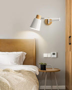 Wall Lamp Adjustable Arm Cone Shade Wood Base Modern Study