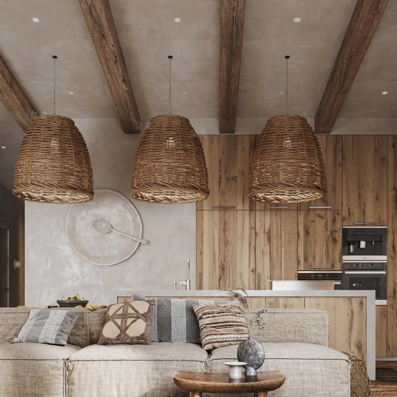 Muto Vintage Rustic LED Pendant Light Rattan Living Room Bedroom