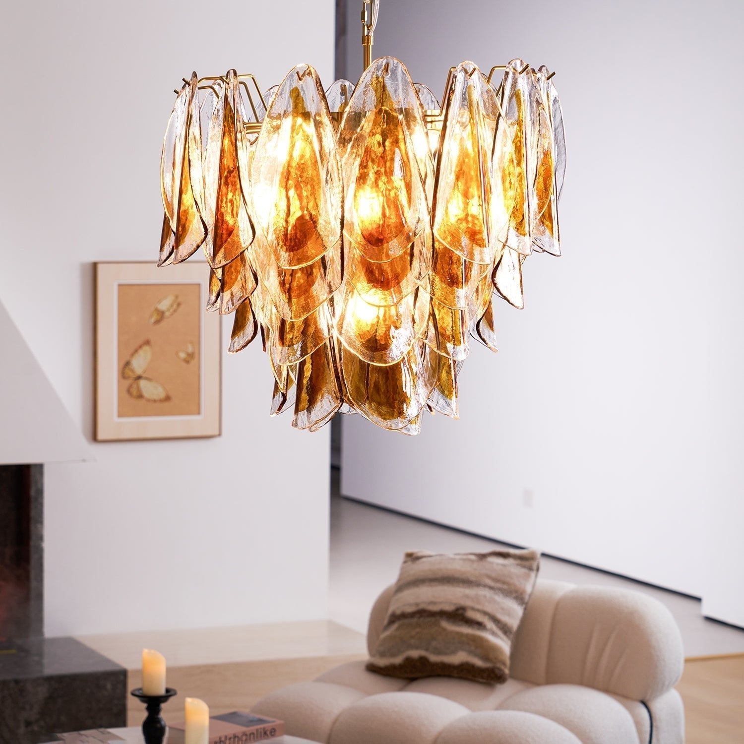 Aurora Chandelier Amber Leaf Glass Layered Organic Warmth