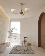 Chandelier Wood & Brass Frame Glass Shades Medieval Ambience