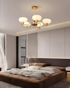 Chandelier Wood & Brass Frame Glass Shades Medieval Ambience