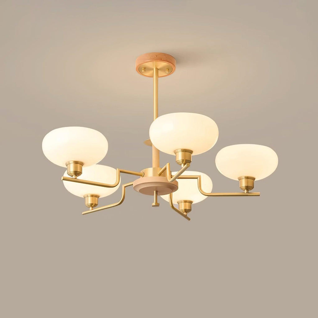 Chandelier Wood & Brass Frame Glass Shades Medieval Ambience