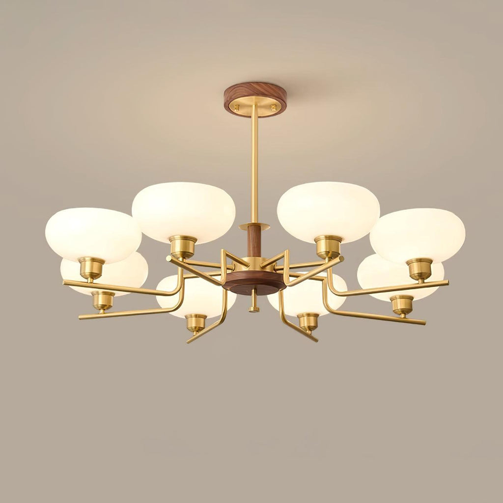 Chandelier Wood & Brass Frame Glass Shades Medieval Ambience