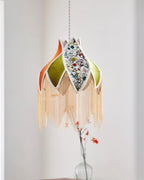 Pendant Lamp with Floral Petal Fabric Shade Fringe Bohemian