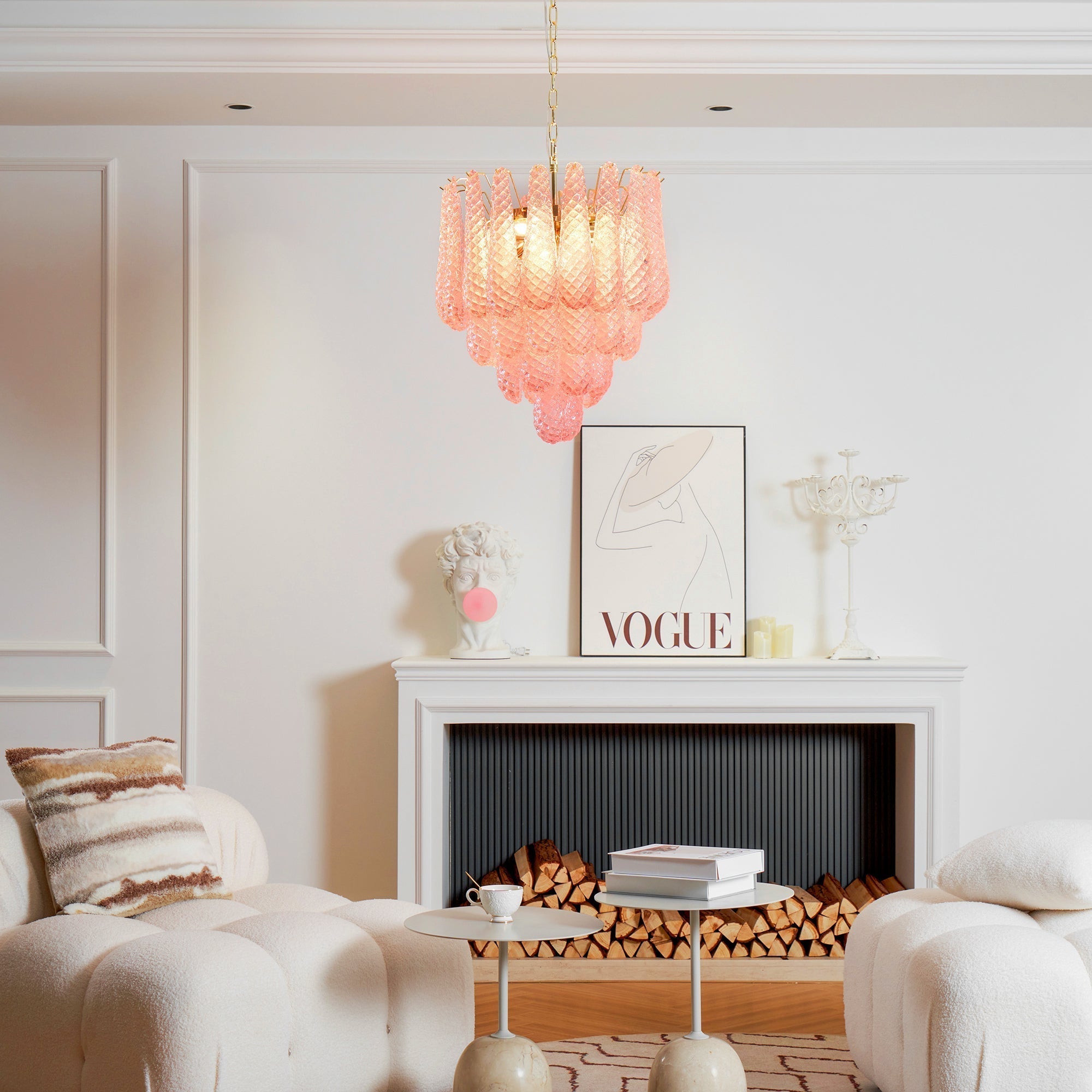 Aurora Chandelier Pink Droplet Murano Glass Diamond Pattern Waterfall