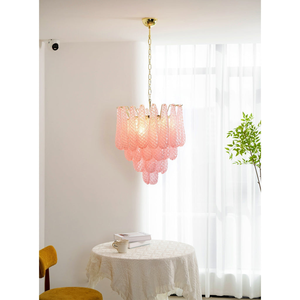 Aurora Chandelier Pink Droplet Murano Glass Diamond Pattern Waterfall
