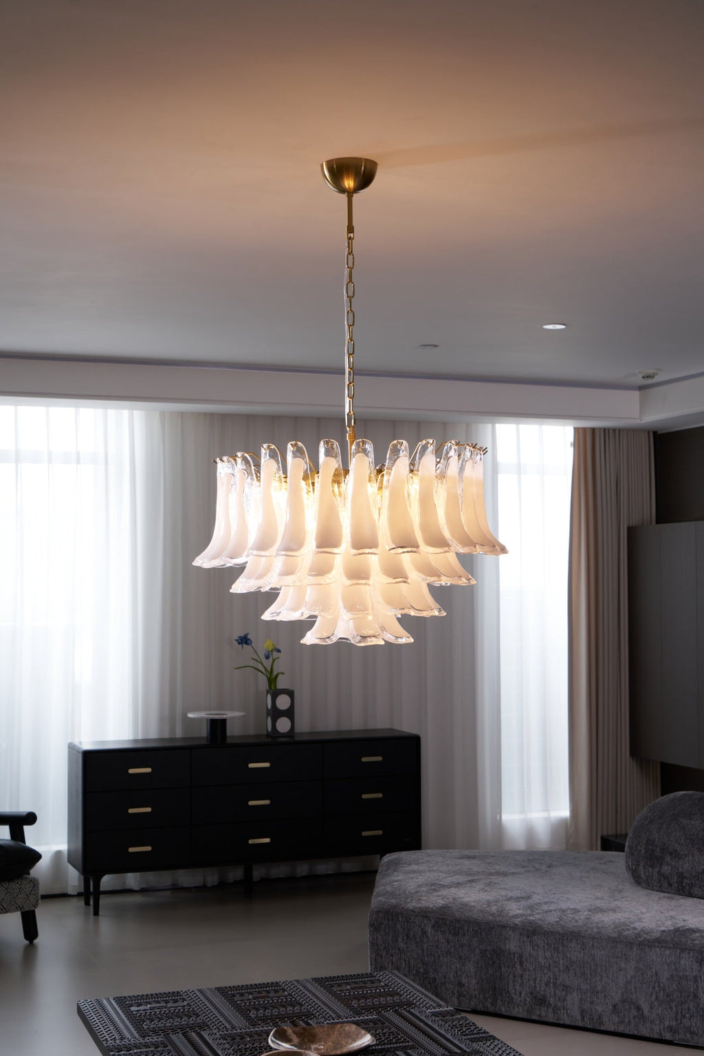 Aurora Chandelier Pink Glass Leaf Layered Floral Glamour