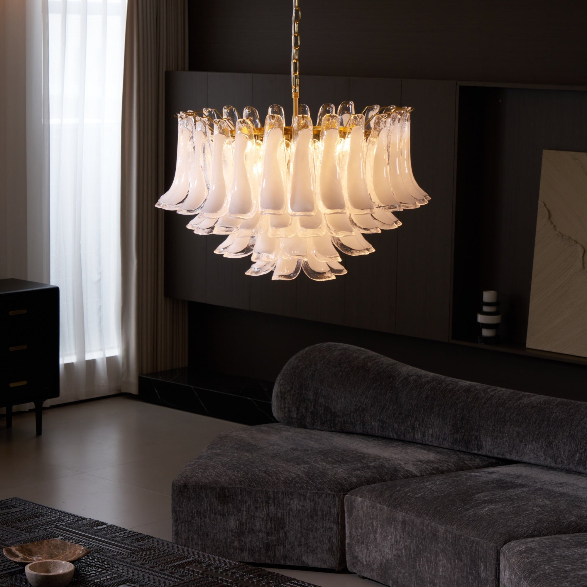 Aurora Chandelier Pink Glass Leaf Layered Floral Glamour