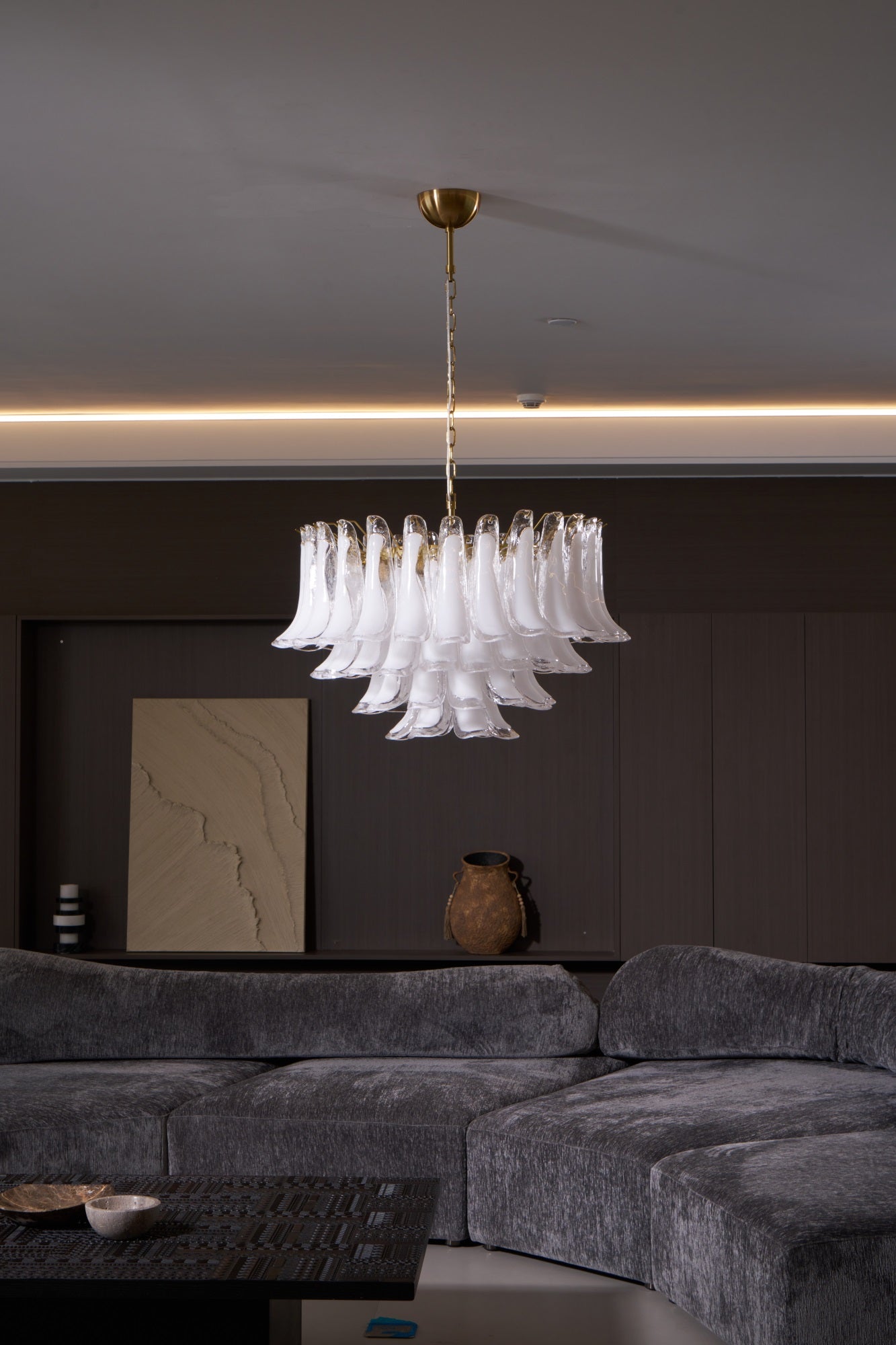Aurora Chandelier Pink Glass Leaf Layered Floral Glamour