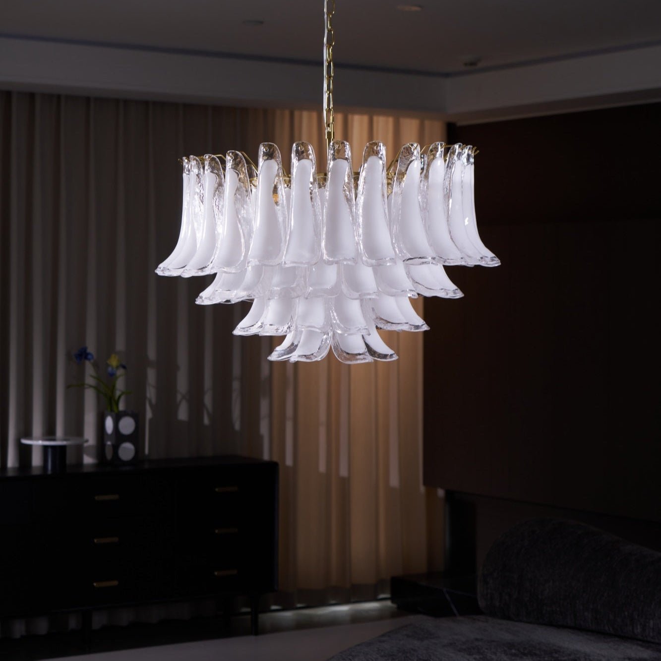 Aurora Chandelier Pink Glass Leaf Layered Floral Glamour