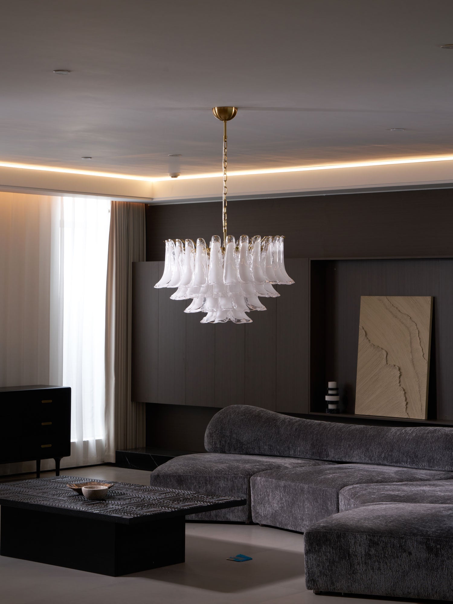 Aurora Chandelier Pink Glass Leaf Layered Floral Glamour