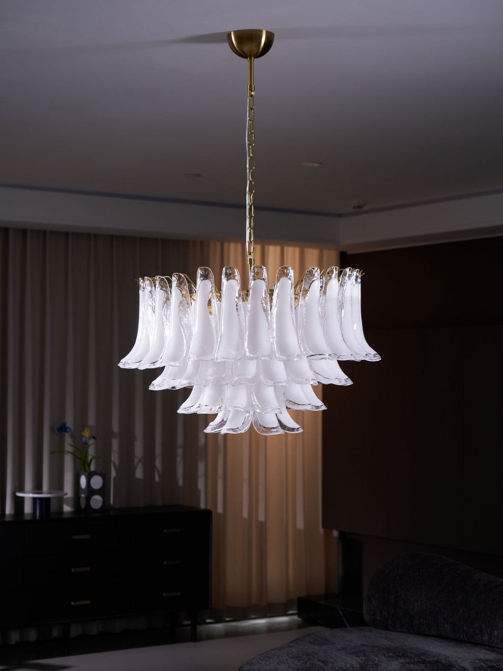 Aurora Chandelier Pink Glass Leaf Layered Floral Glamour