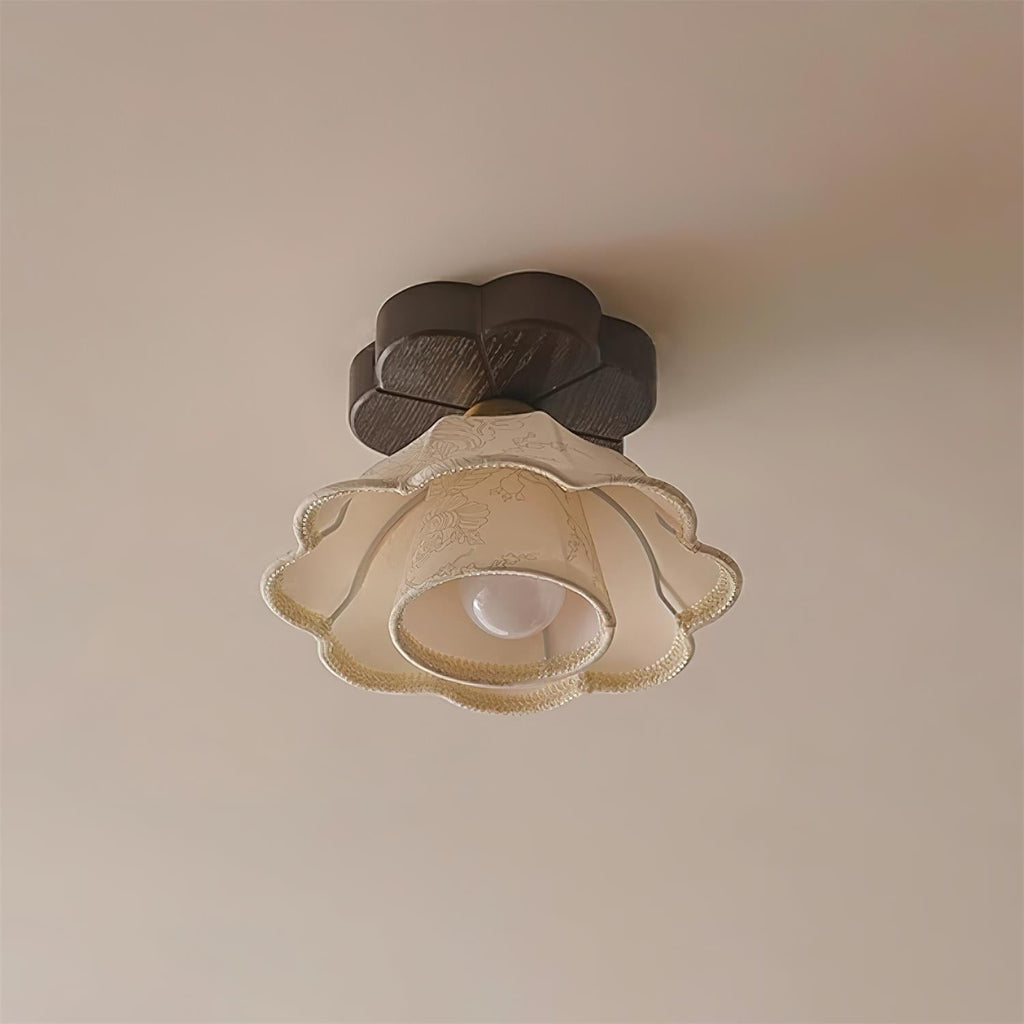 Ceiling Light Scalloped Fabric Shade Walnut Wood Canopy Vintage