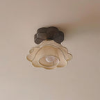 Ceiling Light Scalloped Fabric Shade Walnut Wood Canopy Vintage