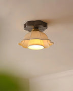 Ceiling Light Scalloped Fabric Shade Walnut Wood Canopy Vintage
