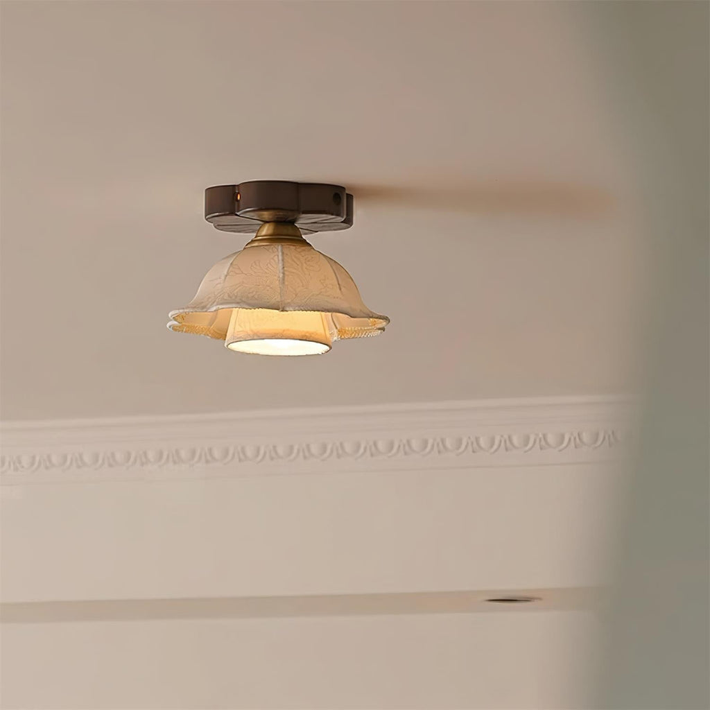 Ceiling Light Scalloped Fabric Shade Walnut Wood Canopy Vintage