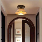 Ceiling Light Scalloped Fabric Shade Walnut Wood Canopy Vintage