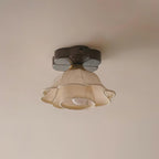 Ceiling Light Scalloped Fabric Shade Walnut Wood Canopy Vintage