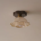 Ceiling Light Scalloped Fabric Shade Walnut Wood Canopy Vintage