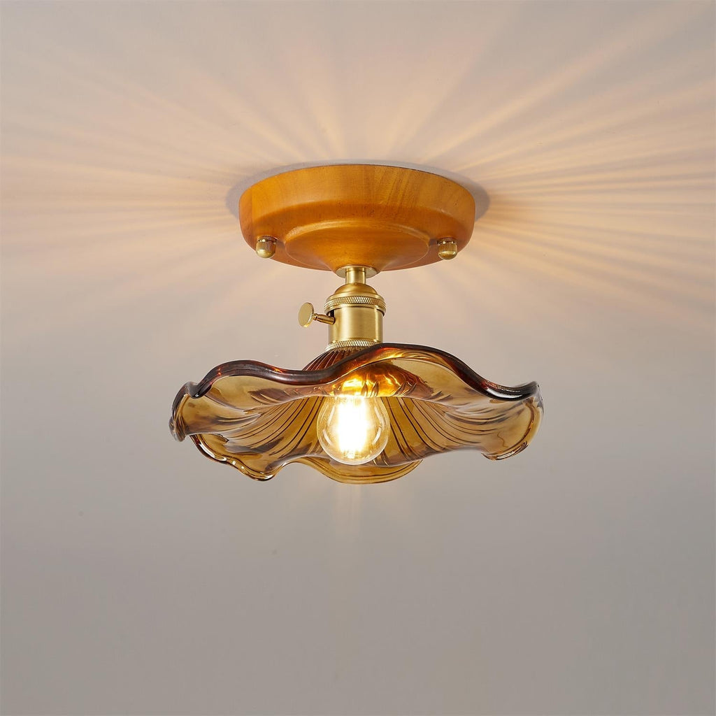Ceiling Light Wood Canopy Brass & Glass Shade Vintage Floral Farmhouse