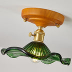 Ceiling Light Wood Canopy Brass & Glass Shade Vintage Floral Farmhouse