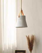 Pendant Lamp Ceramic Ribbed Shade Brass Leather Strap Modern