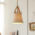 Pendant Lamp Ceramic Ribbed Shade Brass Leather Strap Modern