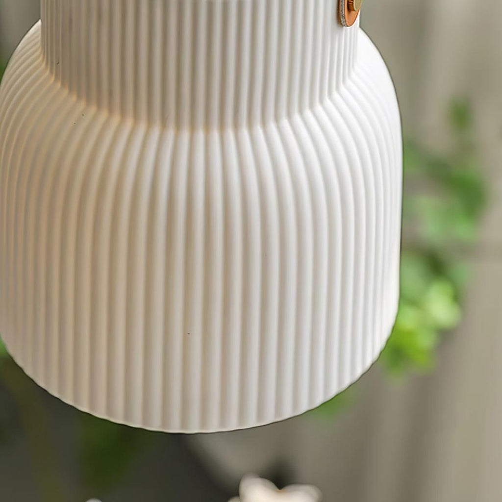 Pendant Lamp Ceramic Ribbed Shade Brass Leather Strap Modern