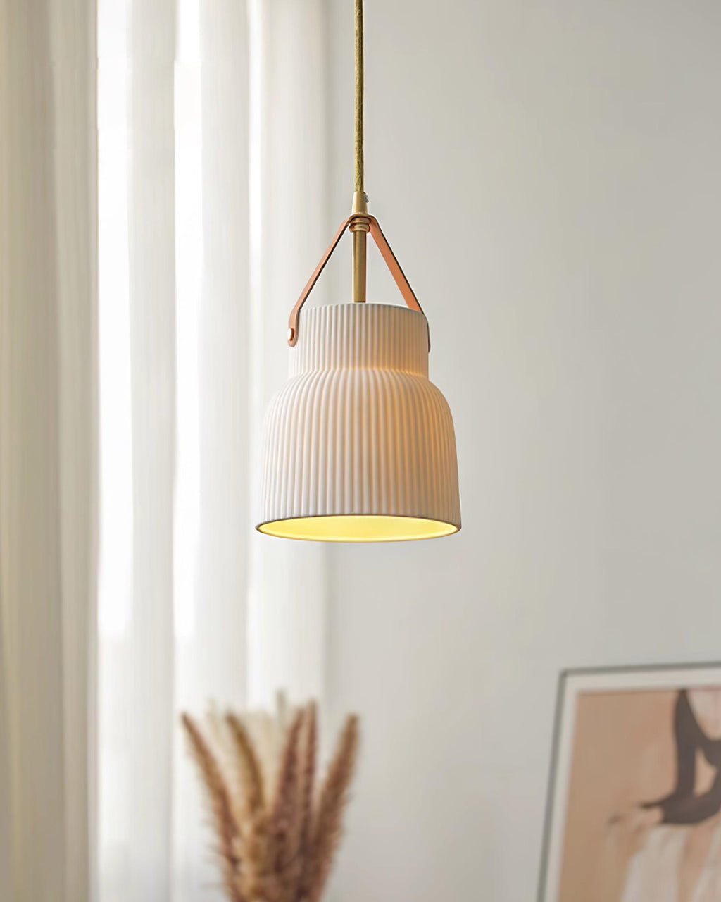 Pendant Lamp Ceramic Ribbed Shade Brass Leather Strap Modern