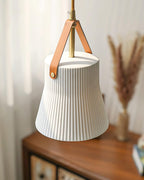 Pendant Lamp Ceramic Ribbed Shade Brass Leather Strap Modern