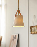 Pendant Lamp Ceramic Ribbed Shade Brass Leather Strap Modern