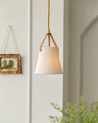 Pendant Lamp Ceramic Ribbed Shade Brass Leather Strap Modern